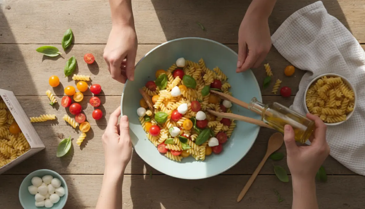Preparazione ricetta insalata estiva con pasta fredda, verdure fresche e mozzarella