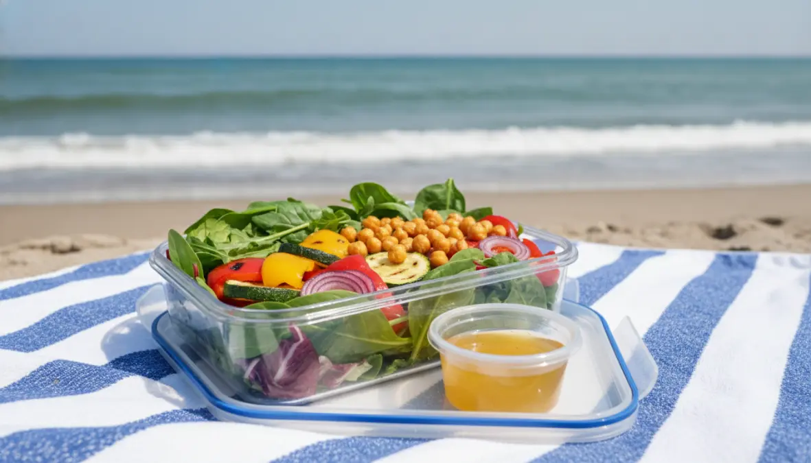Insalata fredda estiva da portare in spiaggia in contenitore ermetico con verdure e legumi