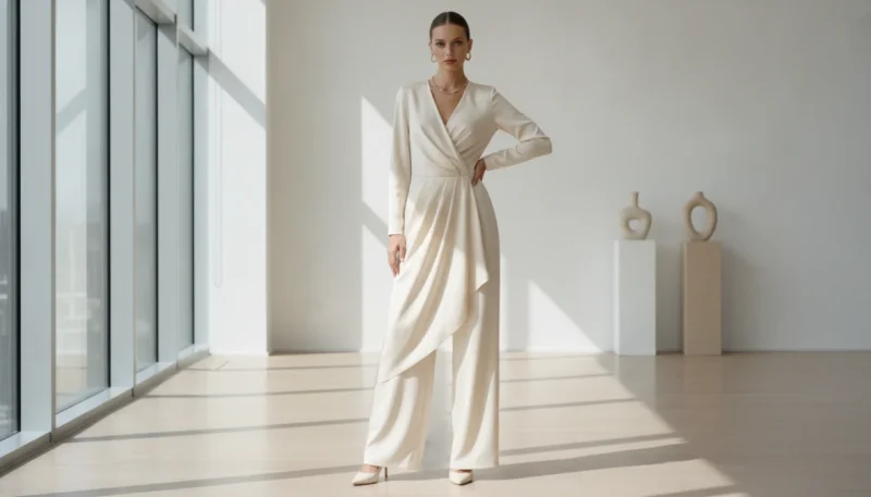 Donna elegante che indossa una jumpsuit lunga e sofisticata, outfit completo per cerimonia