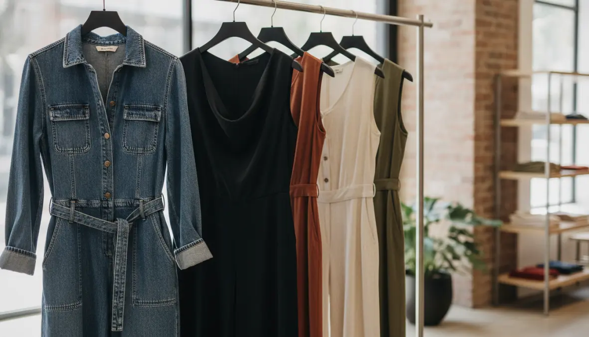 Diverse tipologie di jumpsuit donna: modelli casual, eleganti e estivi su appendiabiti