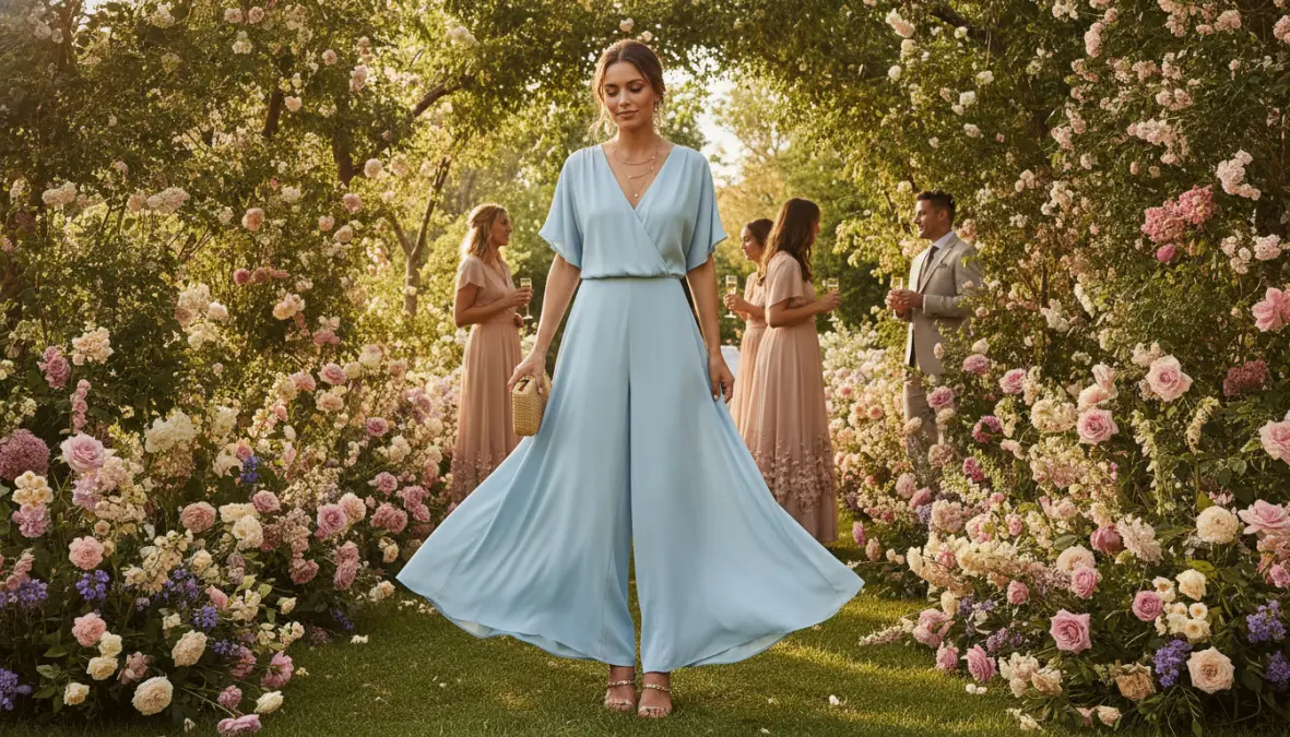 Tuta estiva elegante per cerimonia, jumpsuit lungo da matrimonio con maniche corte