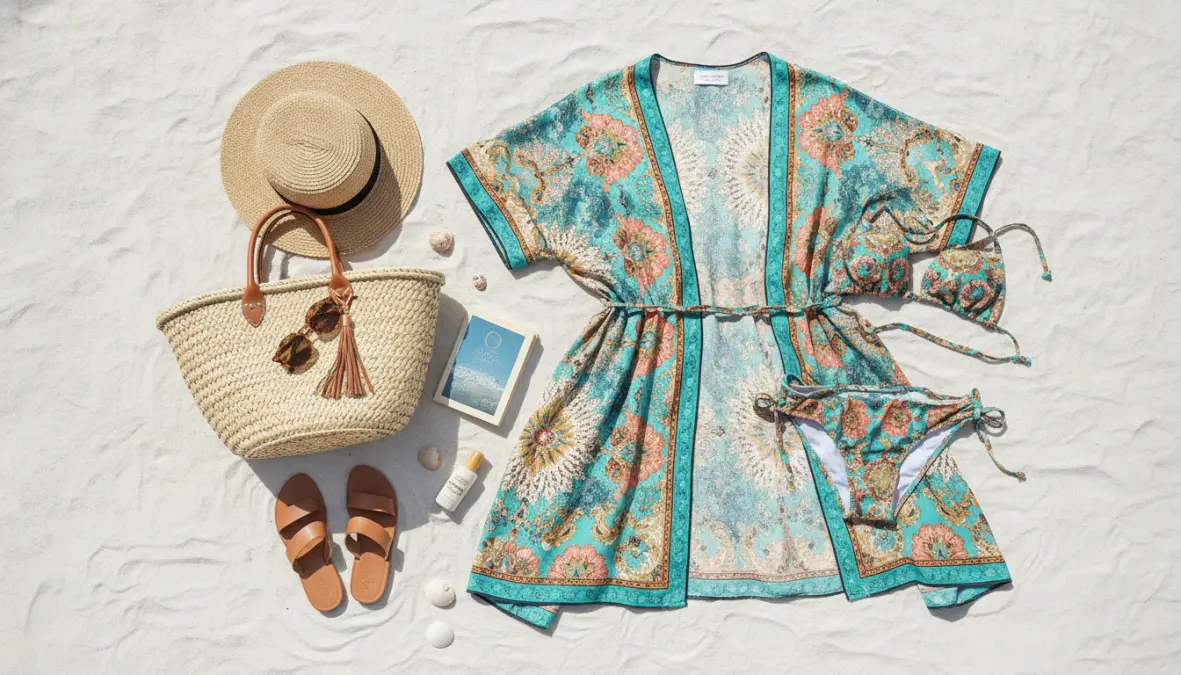 Come abbinare kimono estivo con costume da bagno e accessori mare
