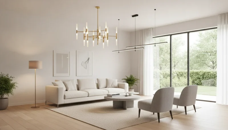 Lampadari moderni eleganti in soggiorno contemporaneo con design minimalista