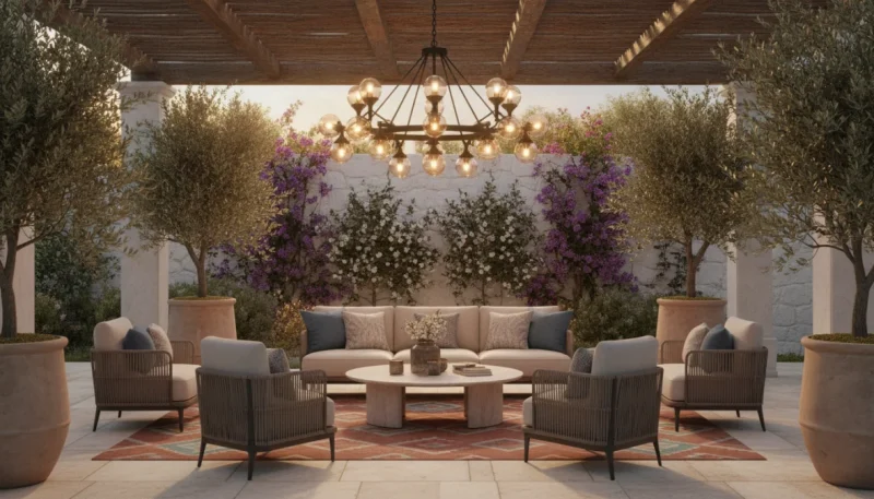 Lampadario esterno elegante che illumina un terrazzo con arredamento da giardino