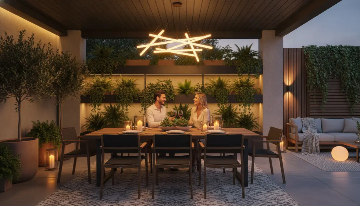 Lampadario LED da esterno che crea illuminazione ambientale su terrazzo coperto