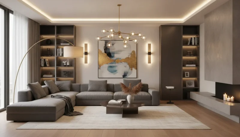 Soggiorno moderno con diverse lampade e illuminazione perfetta per il living
