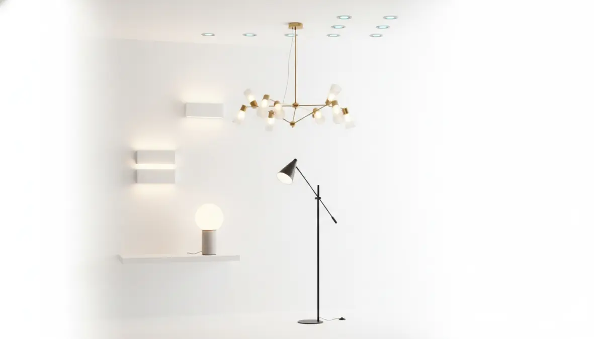 Tipologie diverse di lampade da soggiorno moderne: lampadari, lampade da terra e applique