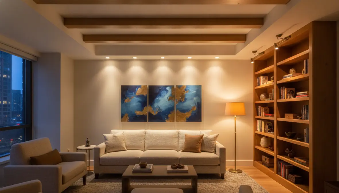 Illuminazione d'accento e d'ambiente combinata nel soggiorno con effetto stratificato
