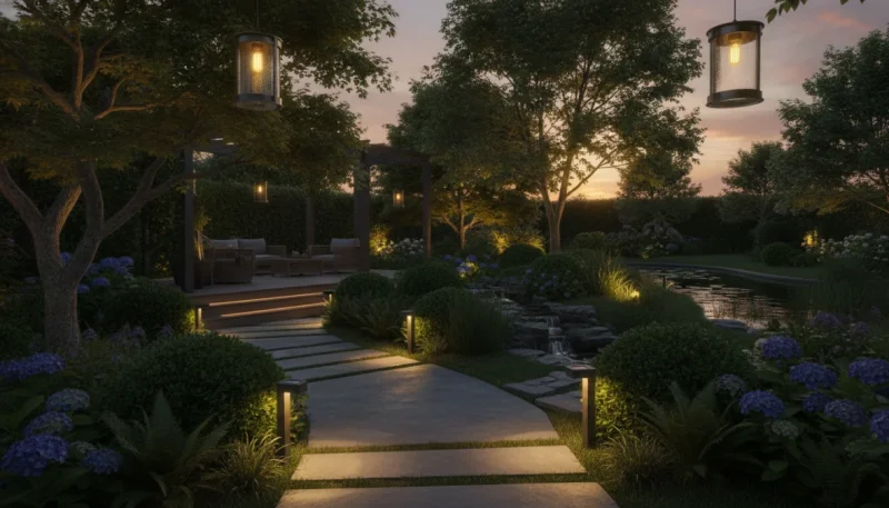 Lampade solari giardino che illuminano un vialetto e area esterna al tramonto