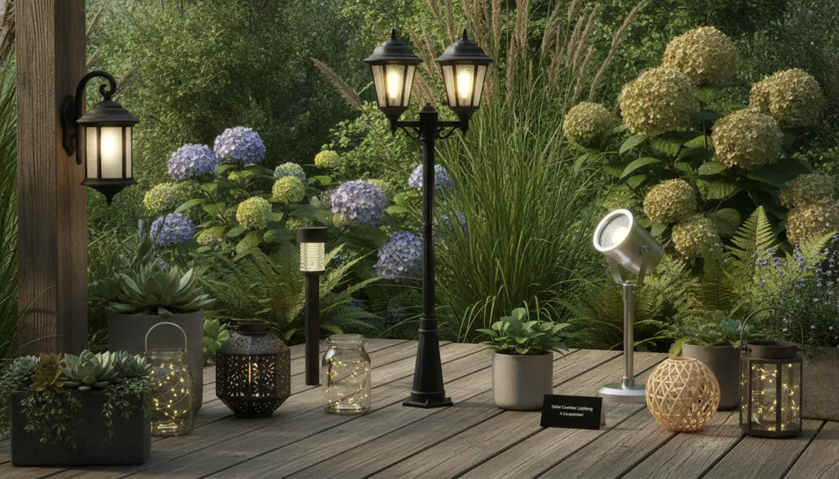 Diverse tipologie di luci solari da giardino: lampioni, faretti e lanterne decorative