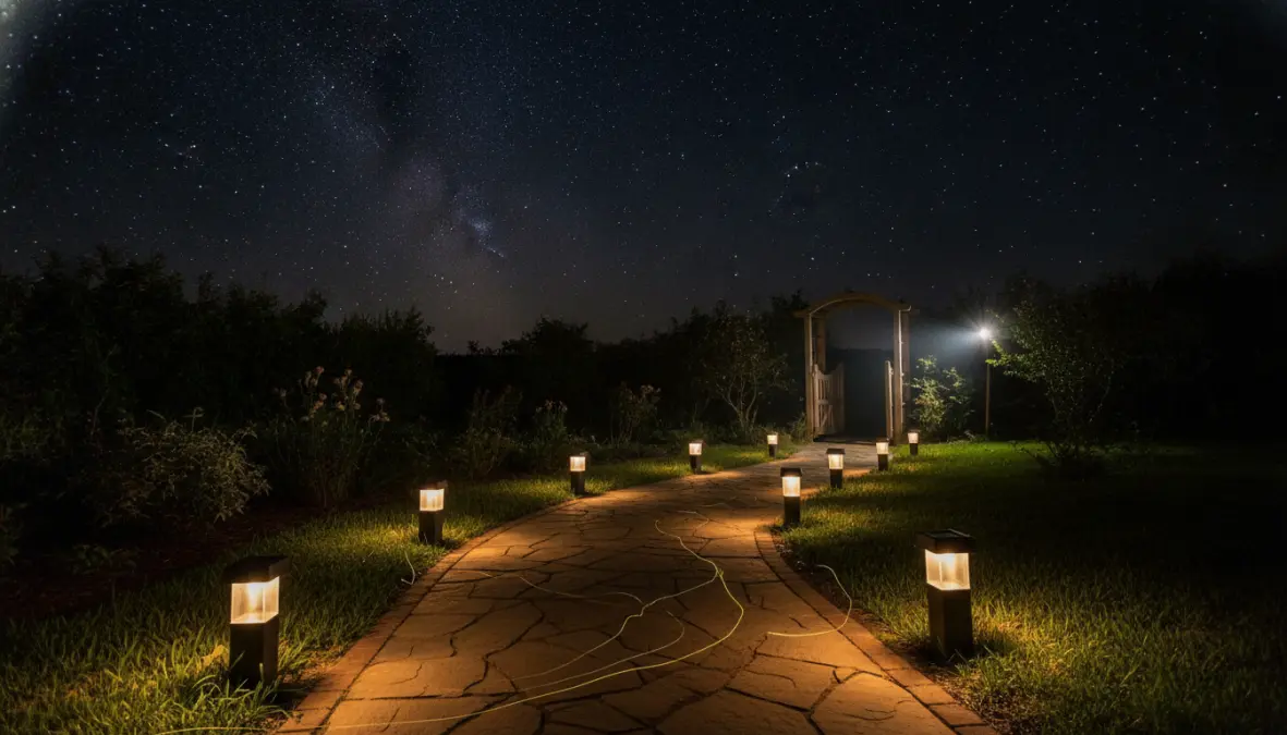 Lampade solari con sensore movimento che illuminano vialetto giardino di notte