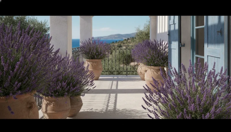 Lavanda in vaso coltivata su balcone soleggiato con fiori viola in piena fioritura