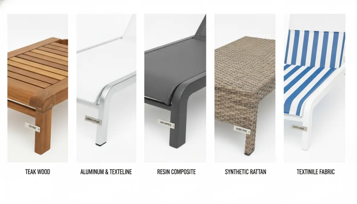 Diversi materiali per lettini prendisole: legno, alluminio, resina, rattan sintetico e textilene