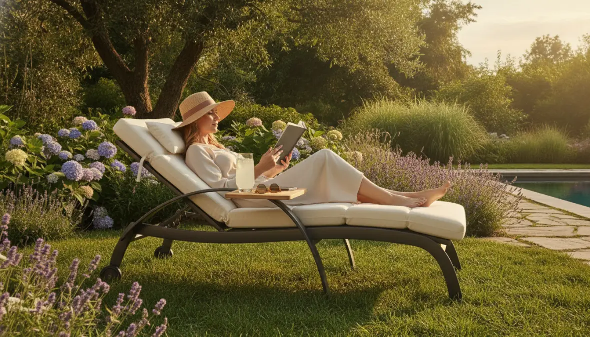 Lettino prendisole reclinabile con cuscini e accessori per il massimo comfort in giardino