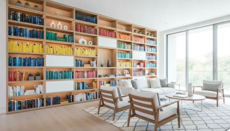 Libreria a parete moderna in soggiorno con scaffali bianchi e libri organizzati