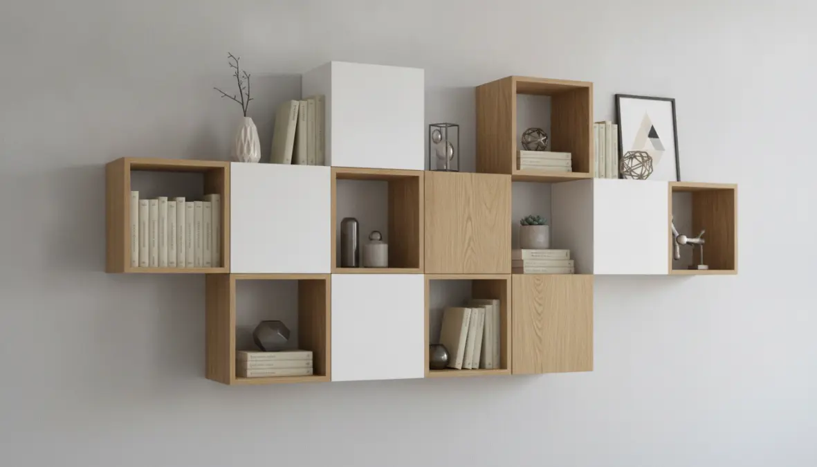Libreria componibile a parete con mensole modulari e scaffali design moderno