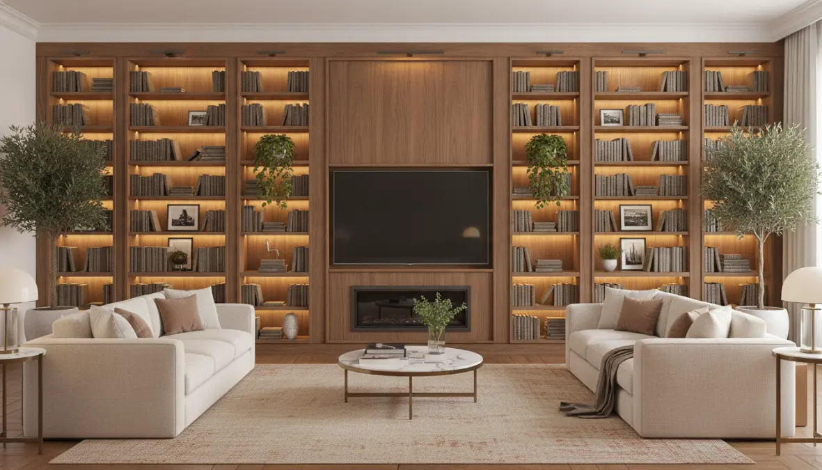 Libreria parete soggiorno design con TV integrata e illuminazione moderna