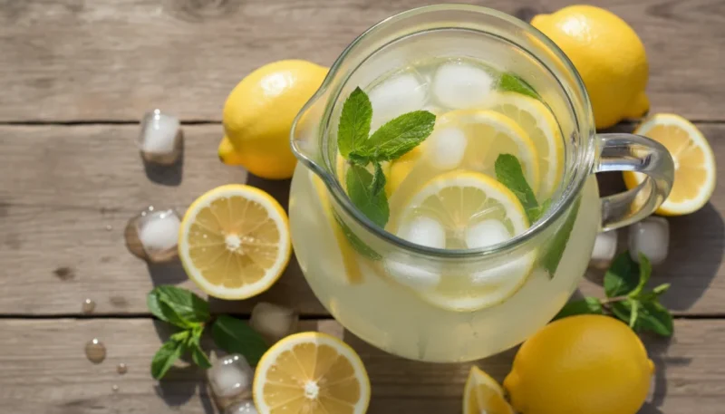 Limonata fatta in casa fresca in caraffa con limoni freschi e menta su tavolo di legno