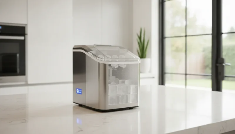 Macchina del ghiaccio domestica moderna su piano cucina che produce cubetti di ghiaccio