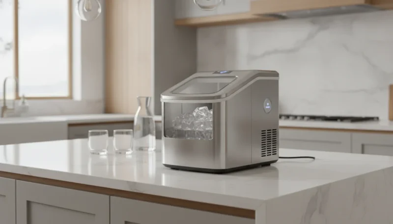 Macchina ghiaccio domestica moderna su piano cucina che produce cubetti di ghiaccio