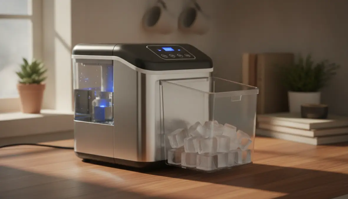 Macchina ghiaccio portatile da banco in cucina domestica con cubetti pronti