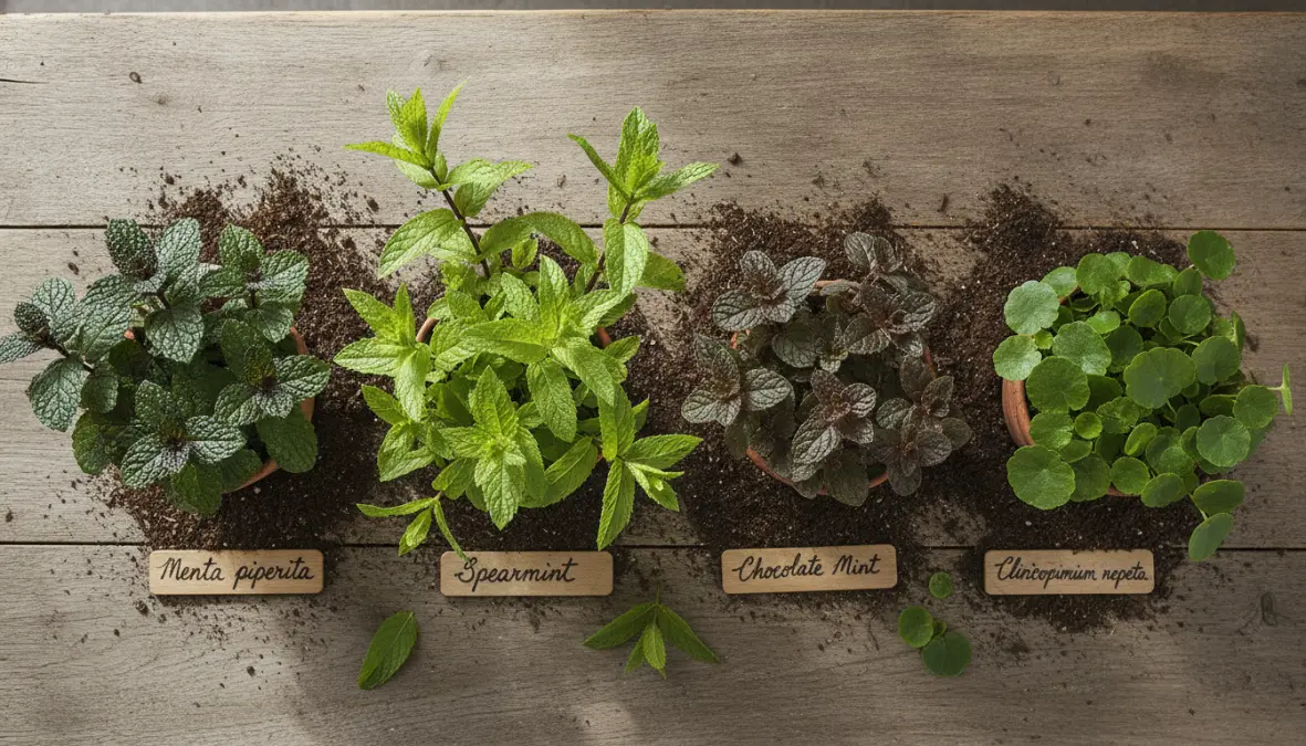Diverse varietà di menta a confronto: menta piperita, mentuccia e menta verde