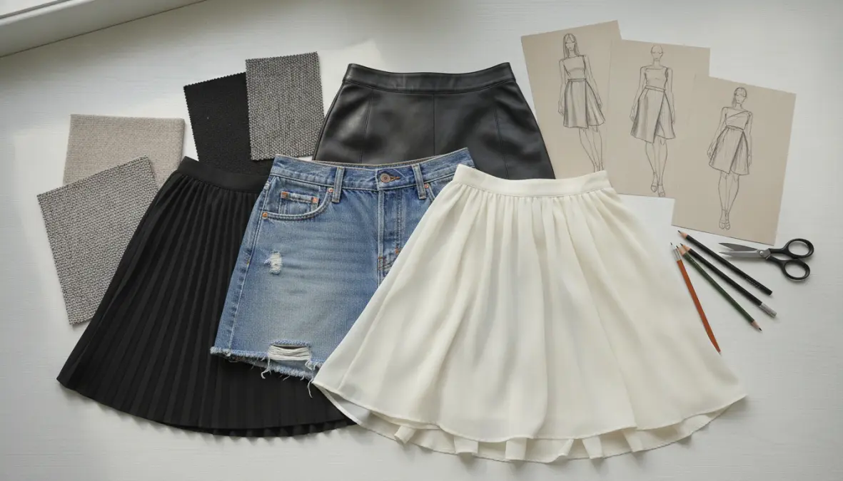 Dettaglio dei diversi modelli e tessuti di minigonna: jeans, plissettata ed elegante