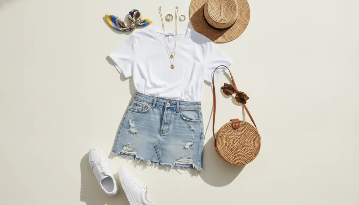 Outfit estivo casual con minigonna jeans e abbinamenti per il giorno