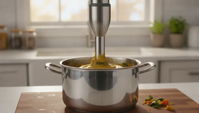 Mixer a immersione professionale in uso per preparare vellutate in cucina moderna