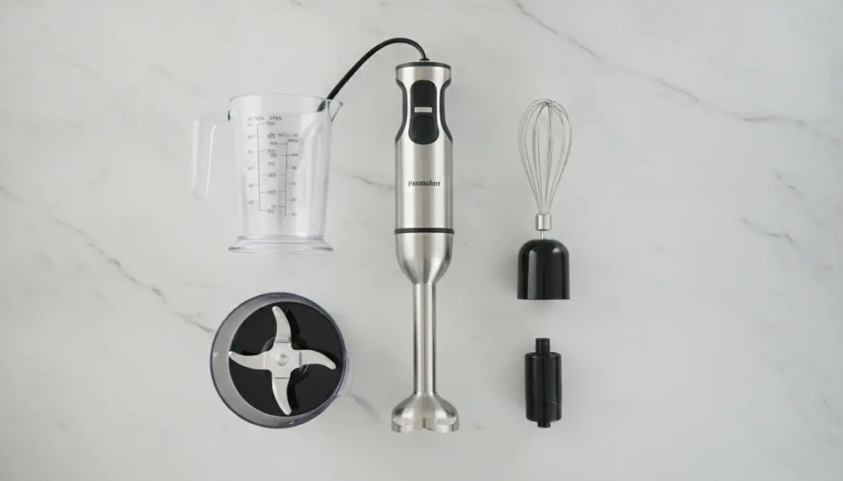 Mixer a immersione multifunzione con accessori inclusi: bicchiere graduato, tritatutto e frusta elettrica