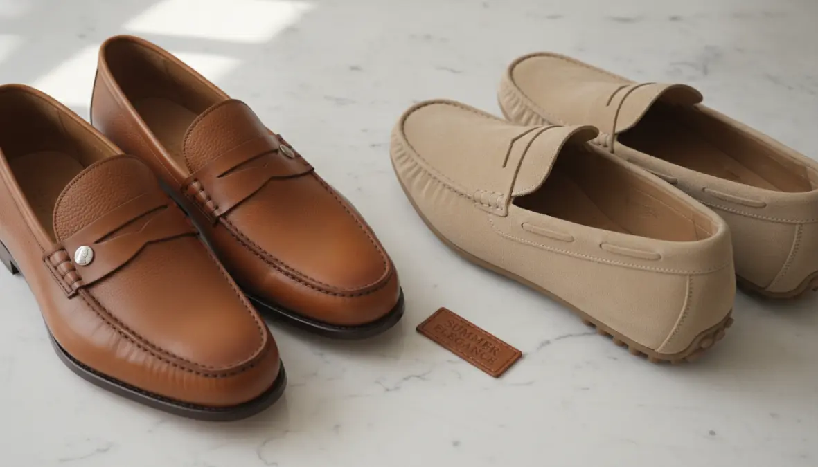 Mocassini uomo estate in pelle e camoscio con dettagli penny loafer e driving shoes