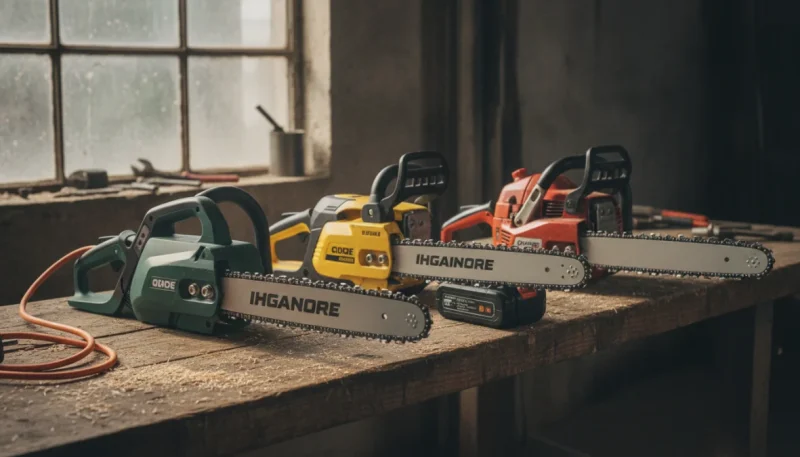 Confronto tra motosega elettrica, a batteria e a scoppio su banco da lavoro