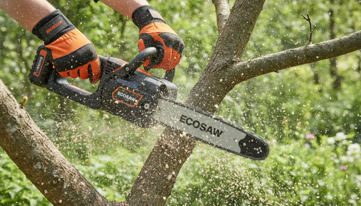 Motosega a batteria durante il taglio di un ramo per potatura alberi