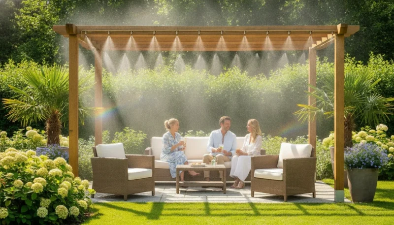 Sistema nebulizzatore giardino in funzione sotto pergolato con area relax outdoor