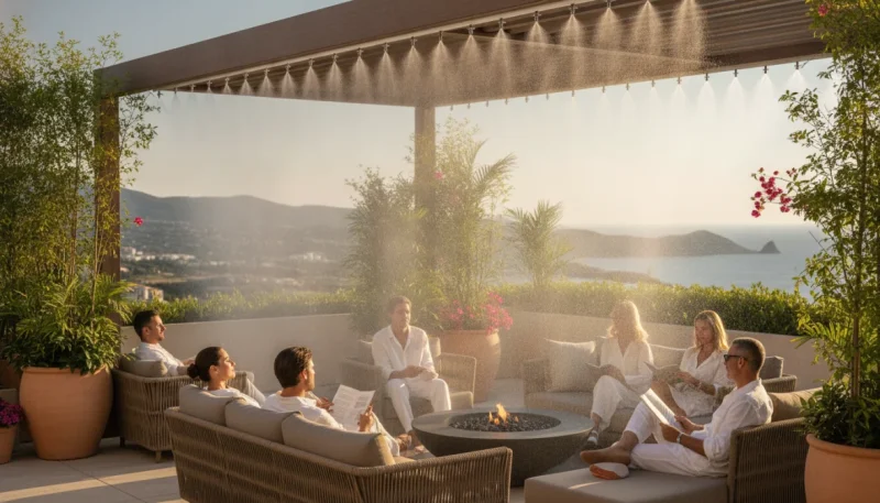 Sistema nebulizzatore esterno in funzione su terrazzo moderno con pergola