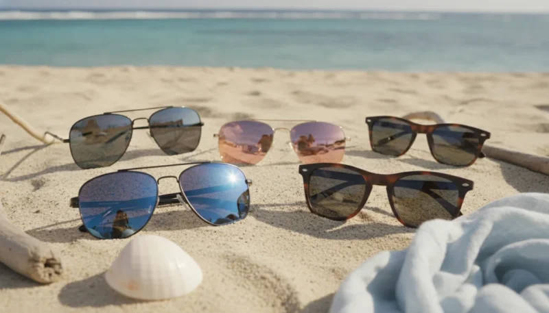 Occhiali da sole moderni su sfondo estivo con protezione UV