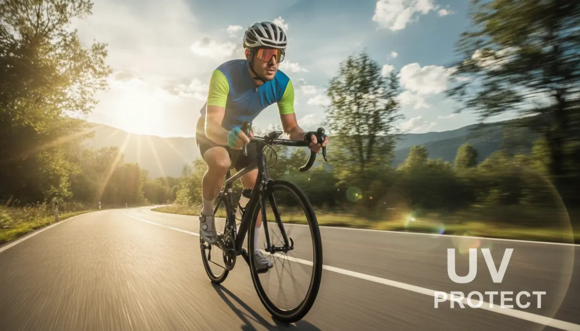Occhiali da sole sportivi con protezione UV durante attività outdoor
