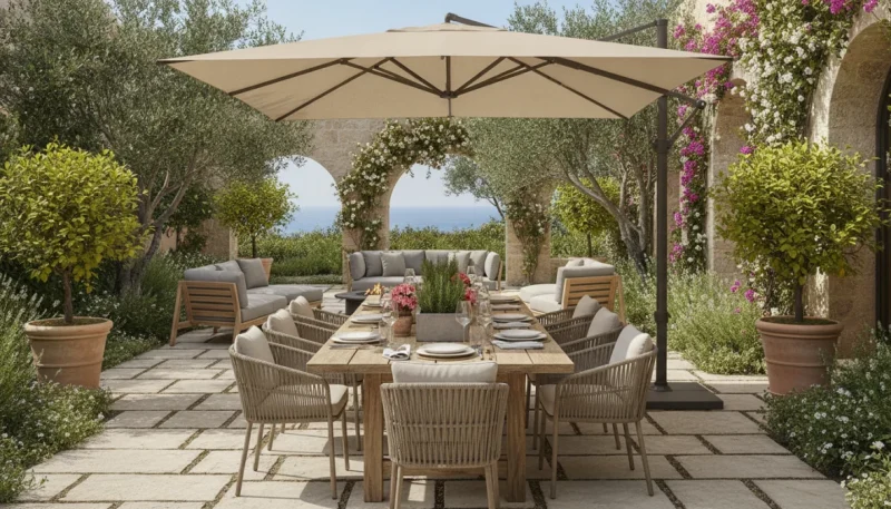 Elegante ombrellone da giardino decentrato che protegge zona pranzo esterna con tavolo e sedie