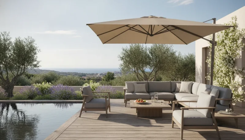 Ombrellone da giardino decentrato in terrazzo moderno con mobili da esterno
