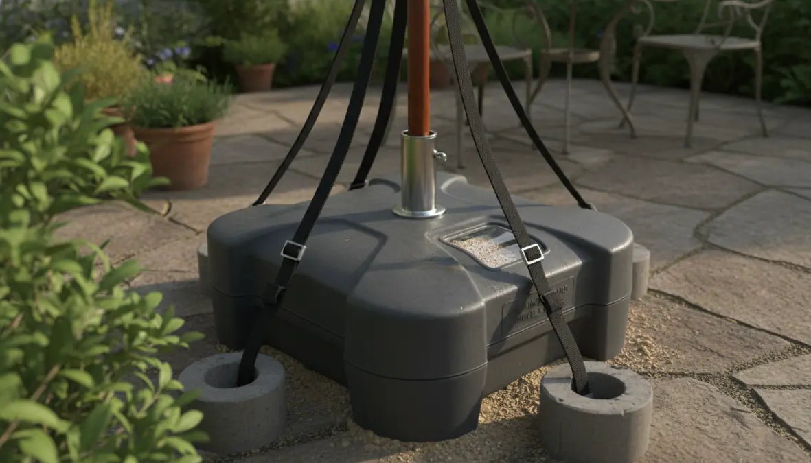 Base zavorrabile per ombrellone da giardino con sistema di ancoraggio resistente