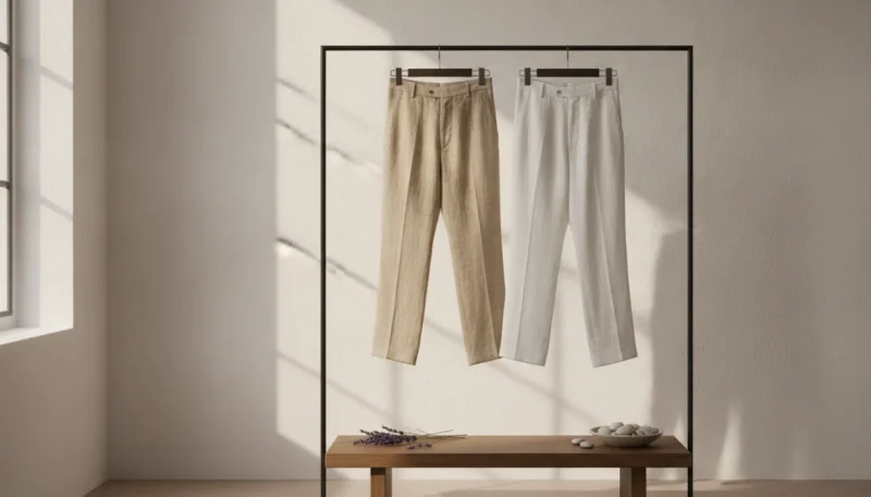 Pantaloni lino uomo eleganti in tonalità neutre appesi su appendiabiti minimalista