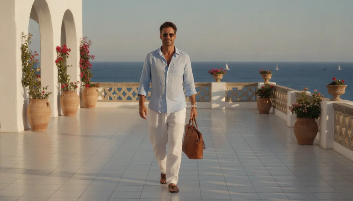 Look casual elegante uomo con pantaloni lino bianchi e camicia lino stile mediterraneo