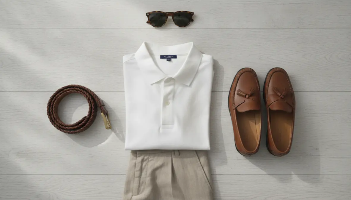 Outfit completo estivo con pantaloni lino beige abbinamento scarpe e accessori