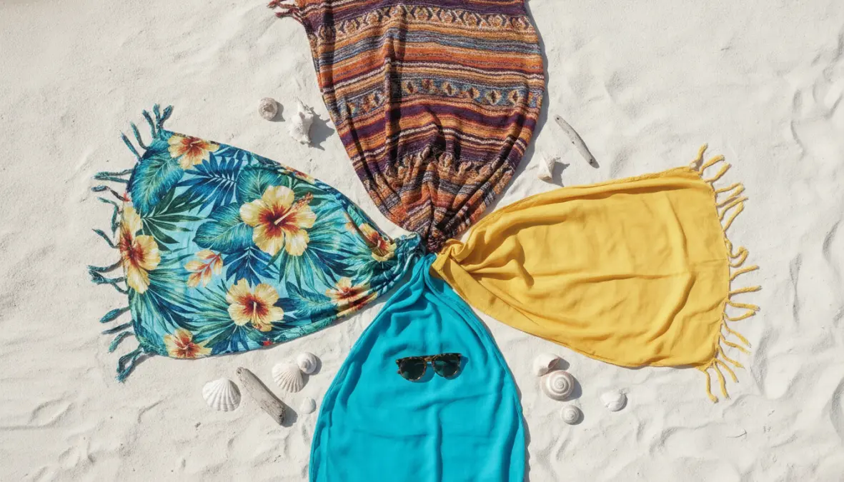 Pareo donna con diverse fantasie e colori disposti su sabbia bianca