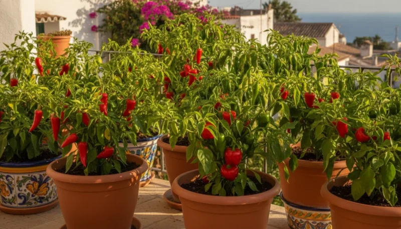 Peperoncini in vaso coltivati su balcone soleggiato con frutti rossi maturi