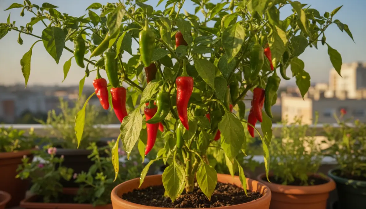 Pianta di peperoncino in vaso con esposizione solare ottimale e irrigazione corretta