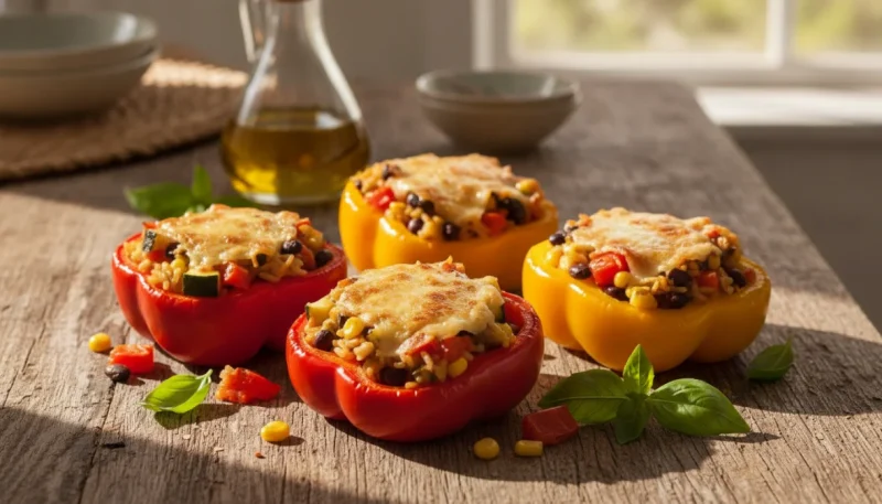 Peperoni ripieni colorati su tavola rustica, ricetta estiva mediterranea