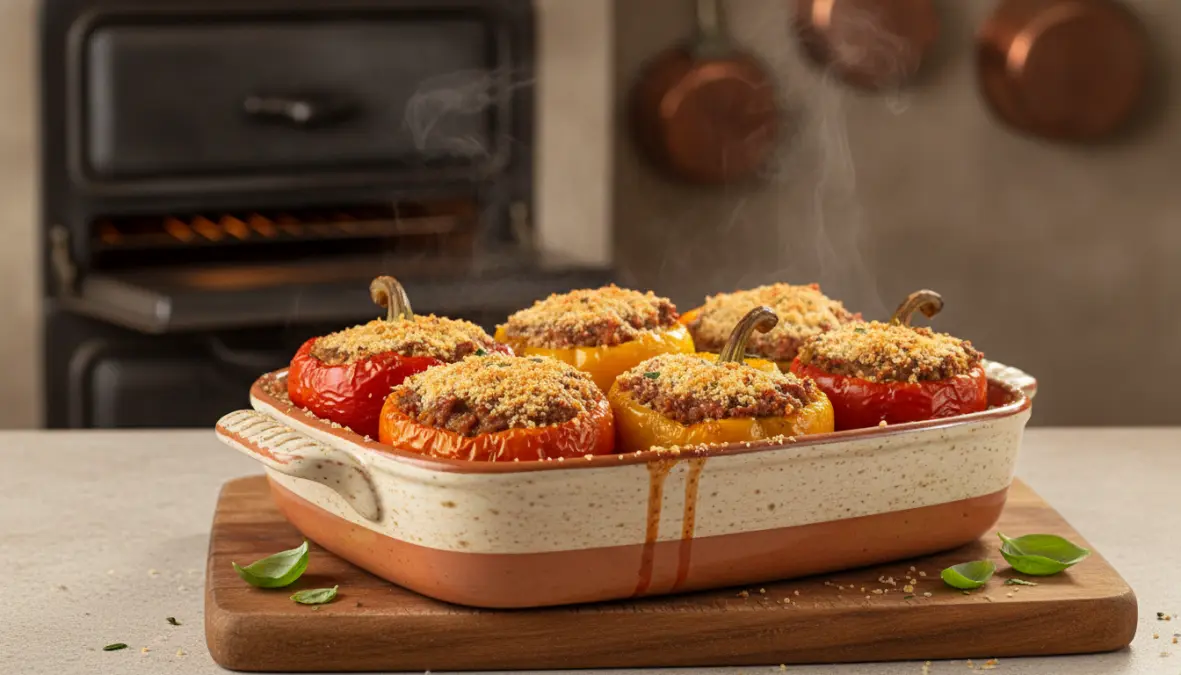 Peperoni ripieni al forno gratinati con farcia di carne dorata