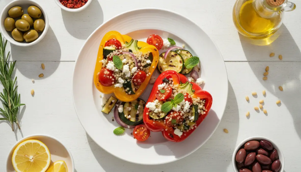 Peperoni ripieni vegetariani con quinoa e feta, ricetta light estiva