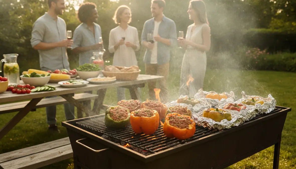 Peperoni ripieni alla griglia su barbecue, cottura estiva all'aperto